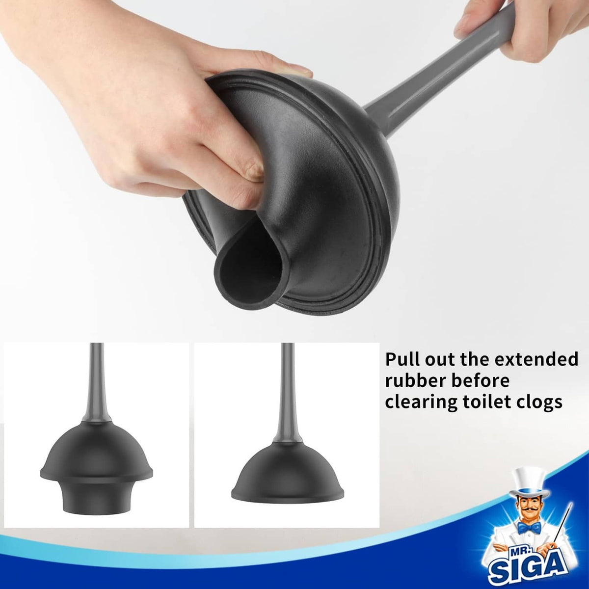 Black toilet plunger with extended rubber cup held in hand for unclogging