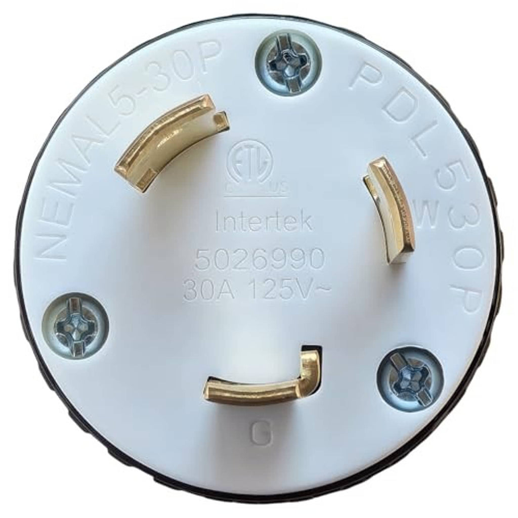 NEMA L5-30P locking plug rear view, white face with gold contacts and mounting screws