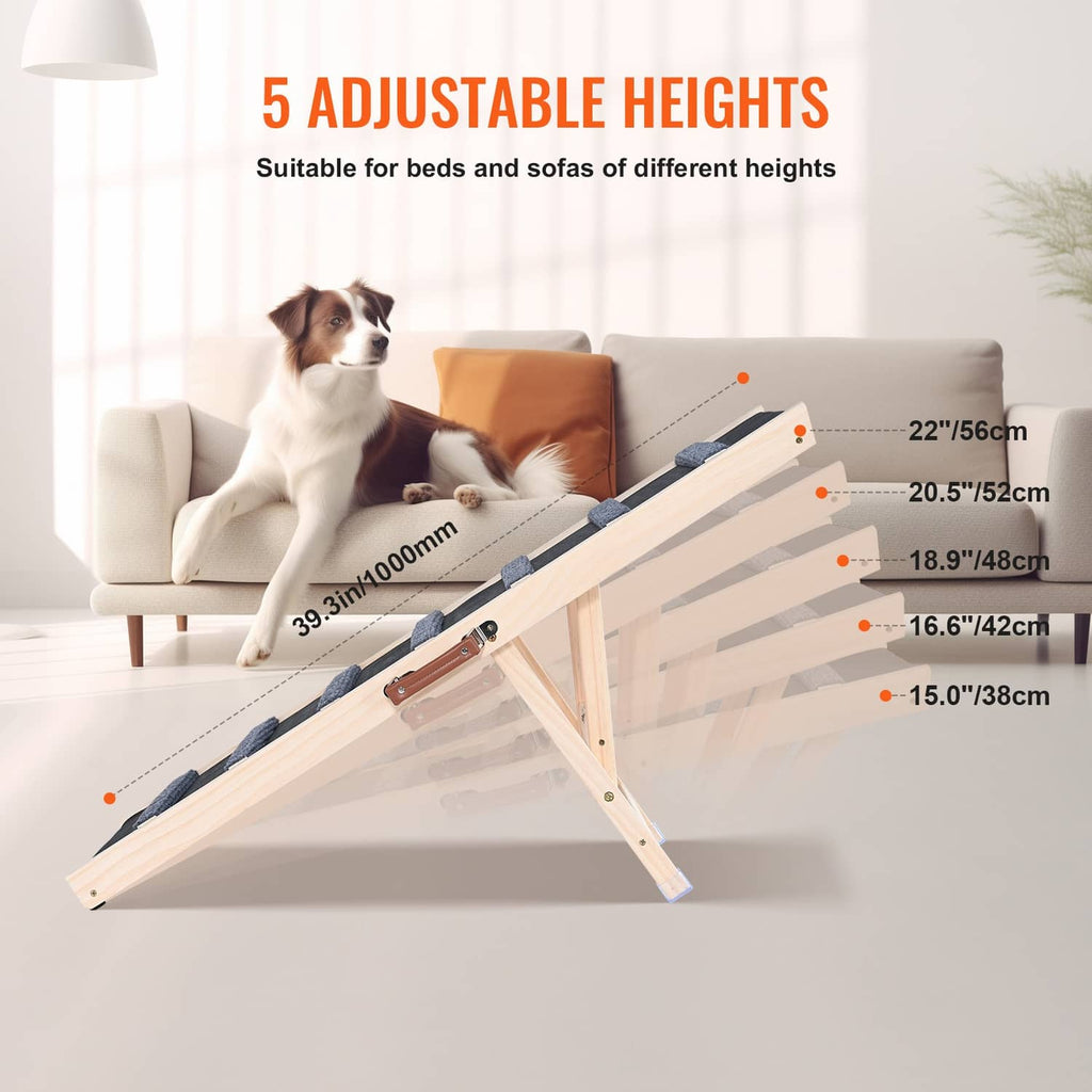 Folding pet ramp with adjustable height legs and dark anti-slip step pads, side view