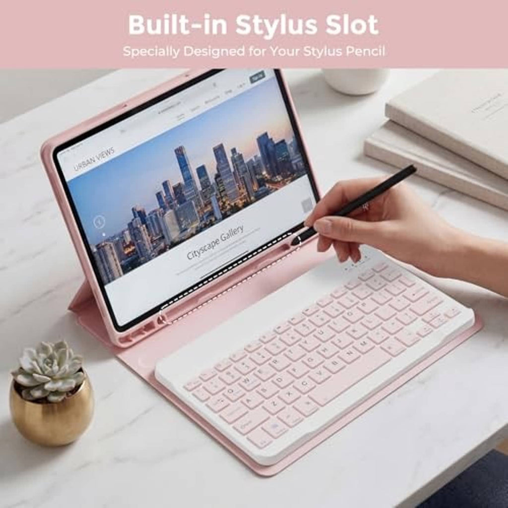 Pink keyboard case with built-in stylus slot and keyboard accessory for tablet
