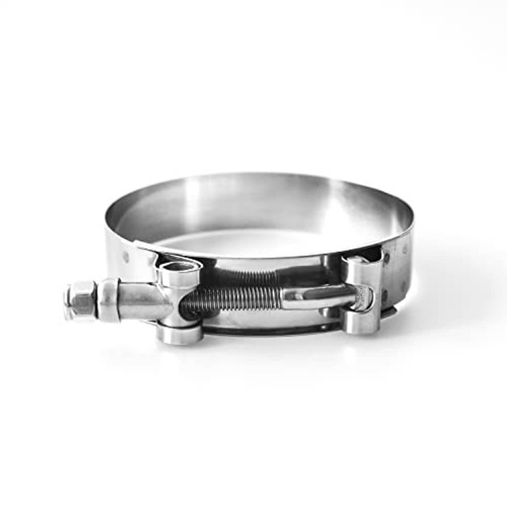 Stainless steel T-bolt hose clamp featuring worm-gear style screw and mounting bolts