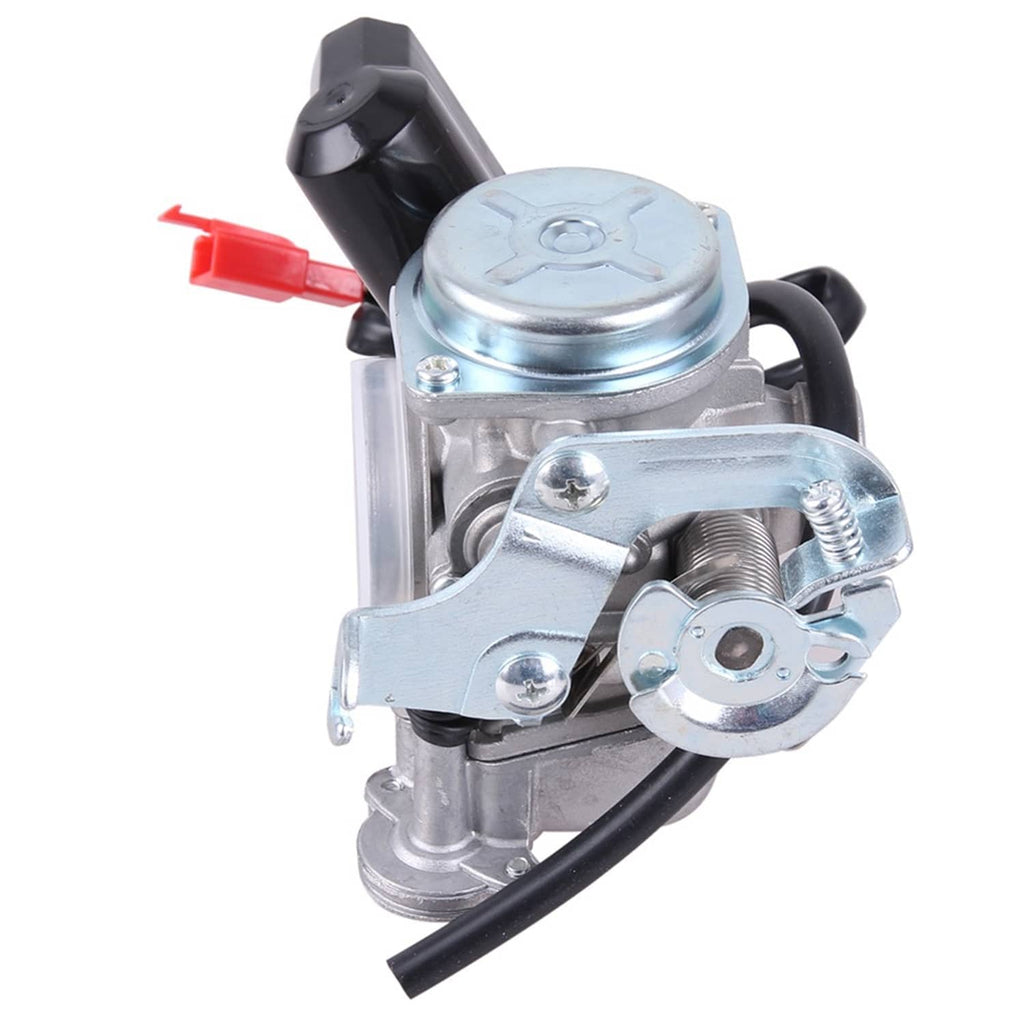 Carburetor with silver metal body, black housing, and red-tab wire connector