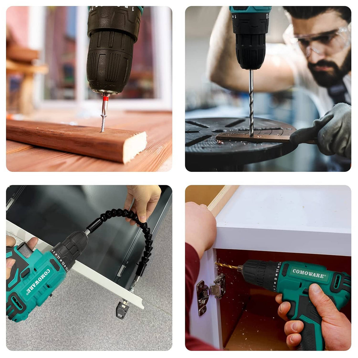 Cordless drill driving a screw into wood, teal drill head and bit