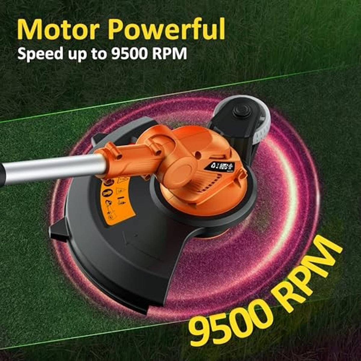 Orange cordless string trimmer with high-speed spinning cutting head