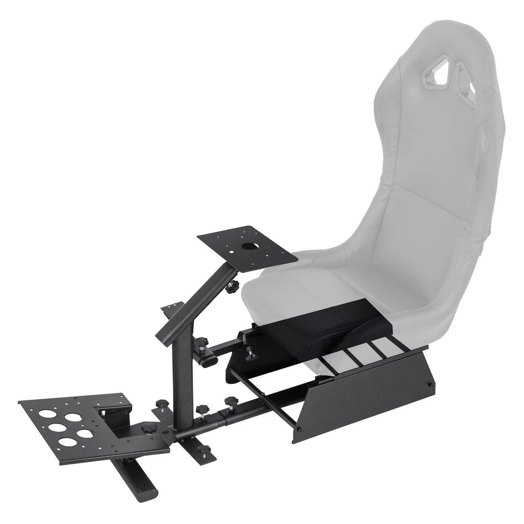 Racing simulator steering wheel stand with gray seat, pedal plates, and black base
