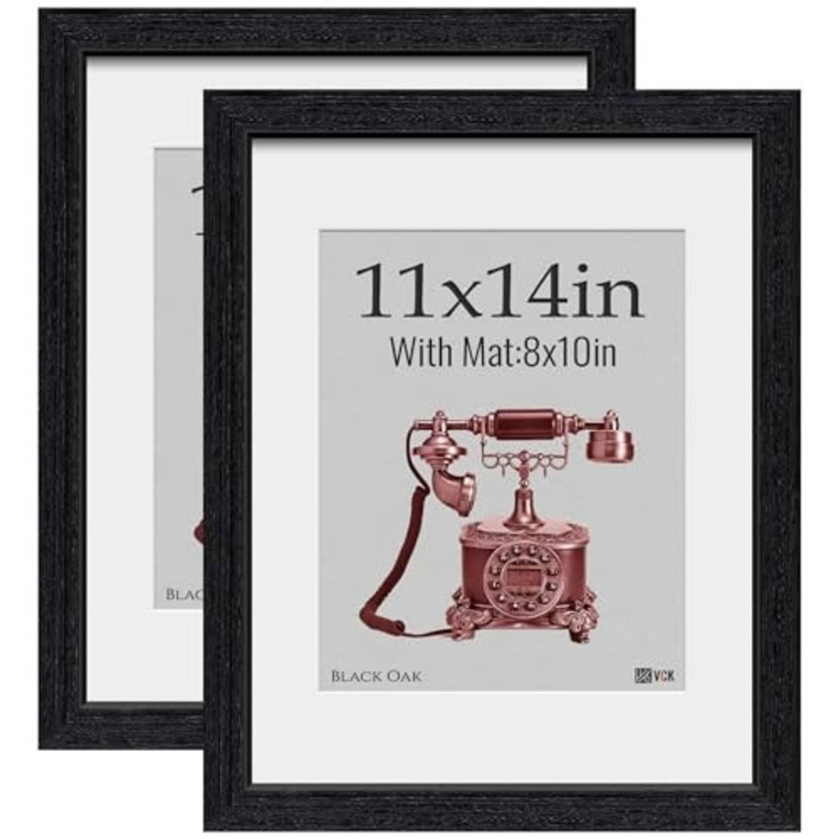 Pair of black oak 11x14 picture frames with real glass and white mat inserts.
