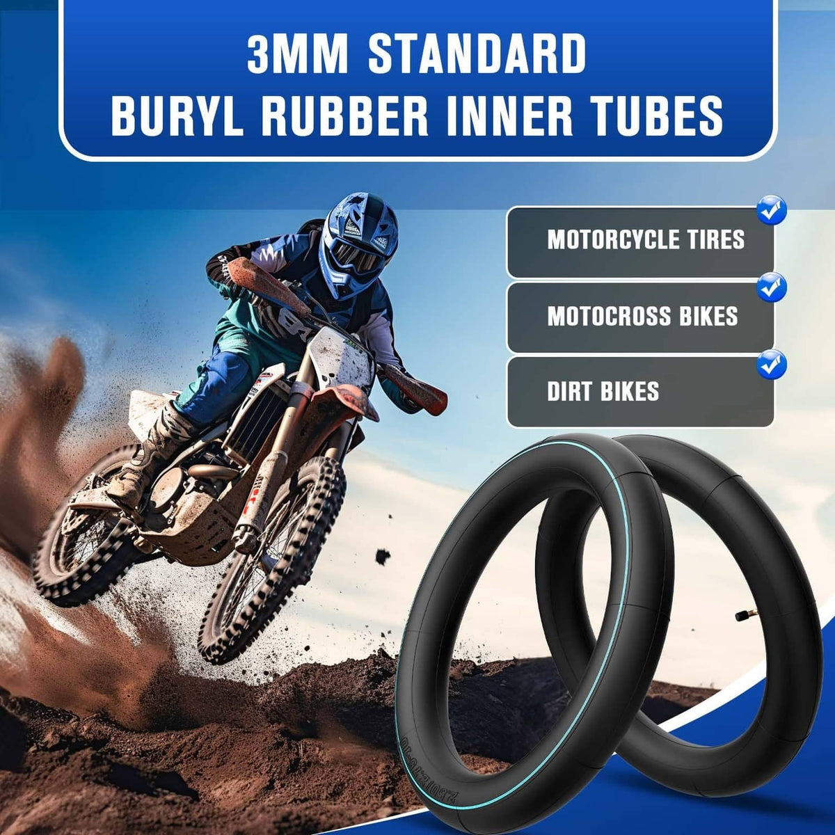 Two black dirt bike inner tubes with blue stripes and brass valve stems