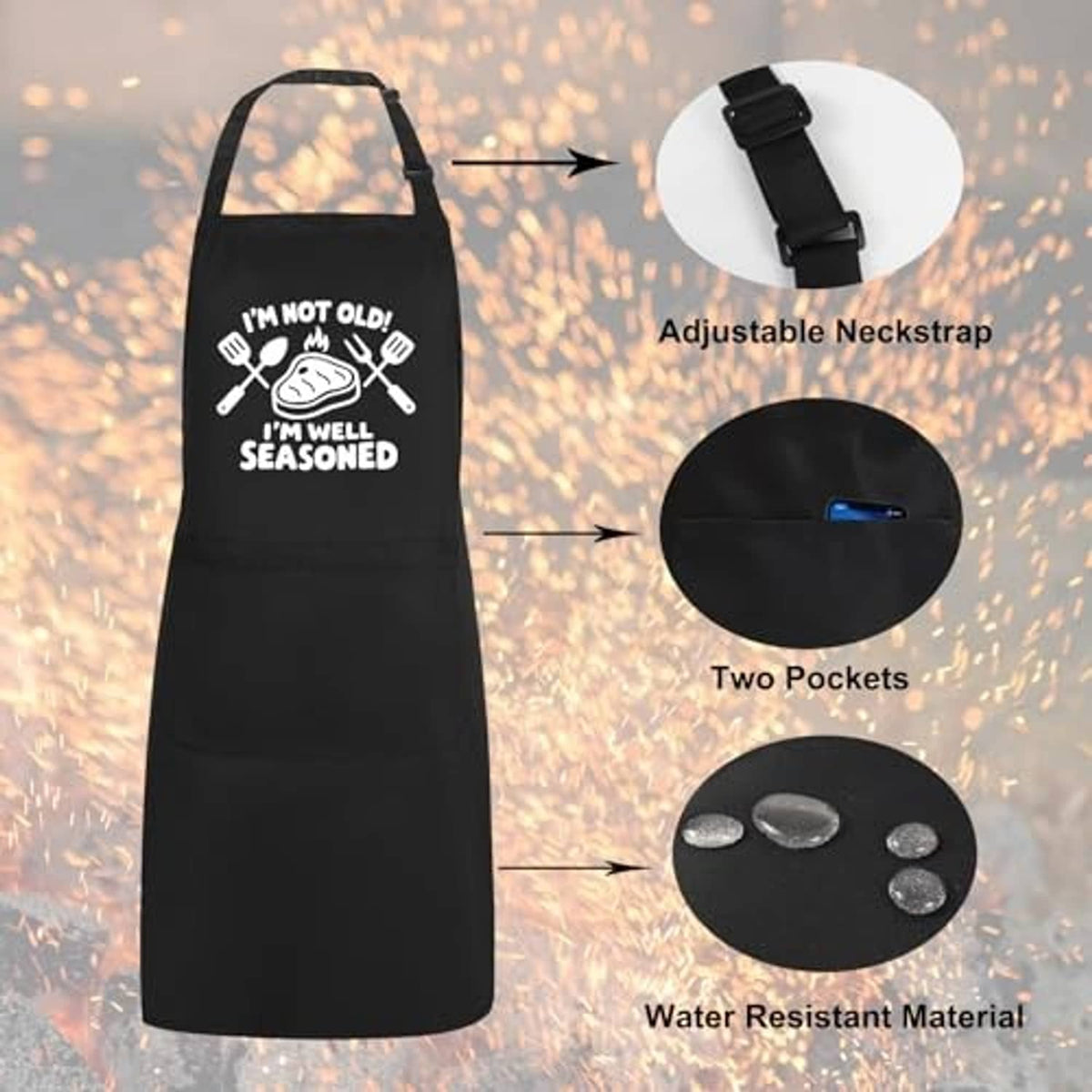 Black adjustable-neck apron with two pockets, water-resistant fabric, and "well seasoned" graphic
