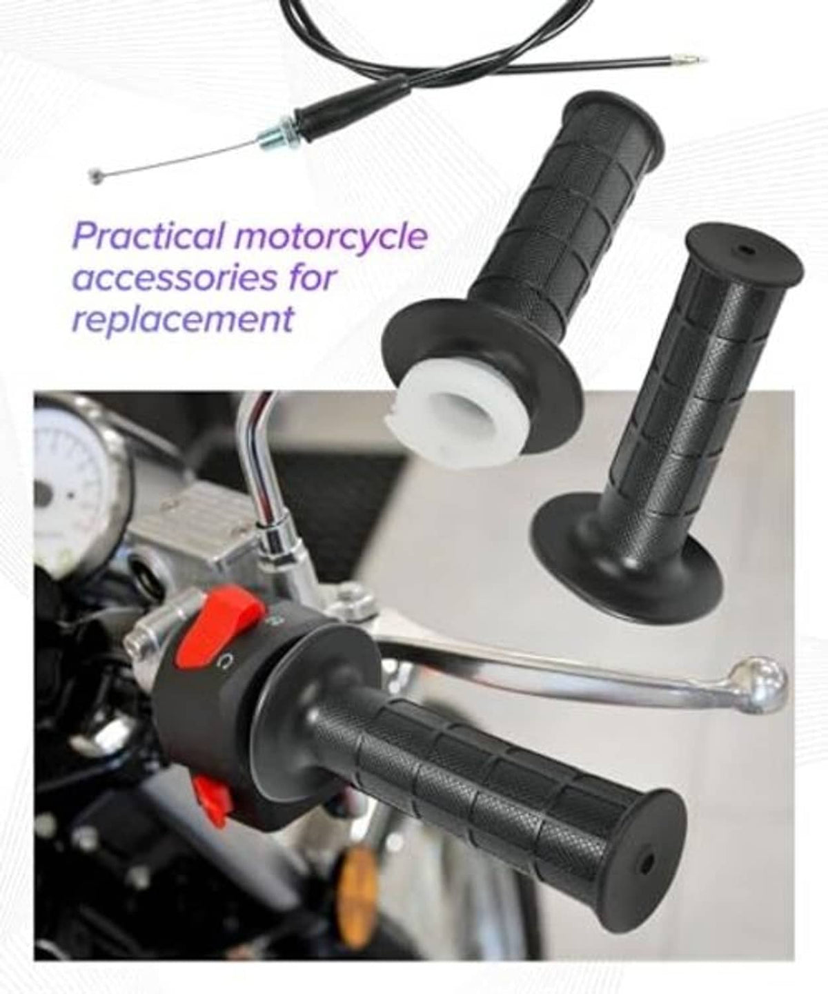 Mini bike throttle installed on handlebar with black rubber grip and cable