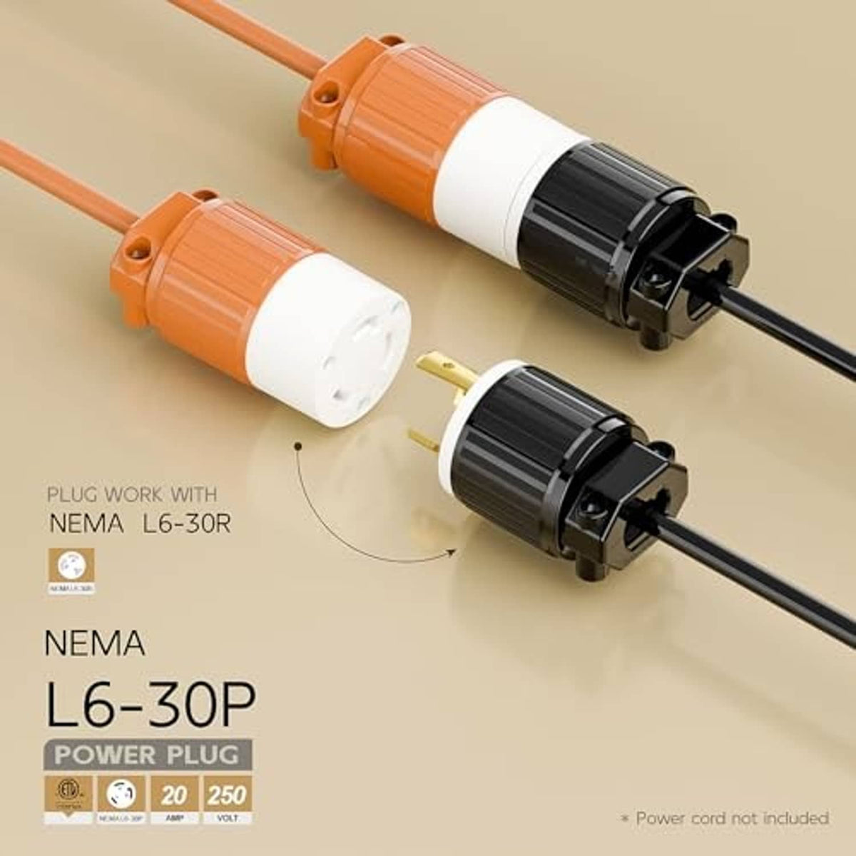 Two NEMA-style AC power plugs with orange connector bodies, black strain relief, gold prongs