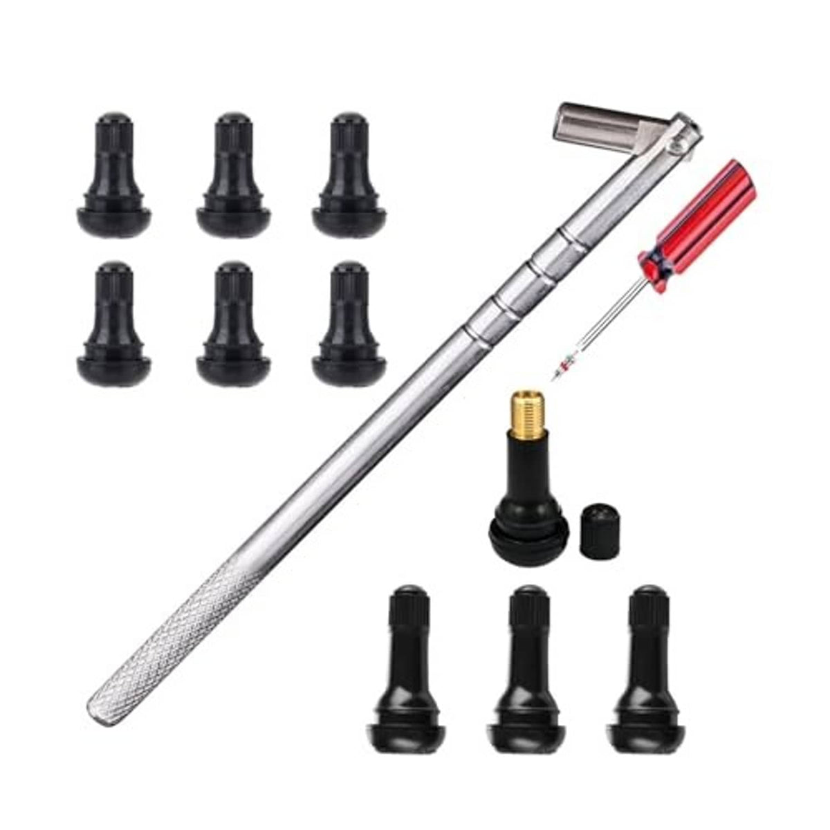 Tire valve stem puller kit with long metal tool, red installer, black rubber caps, and brass insert
