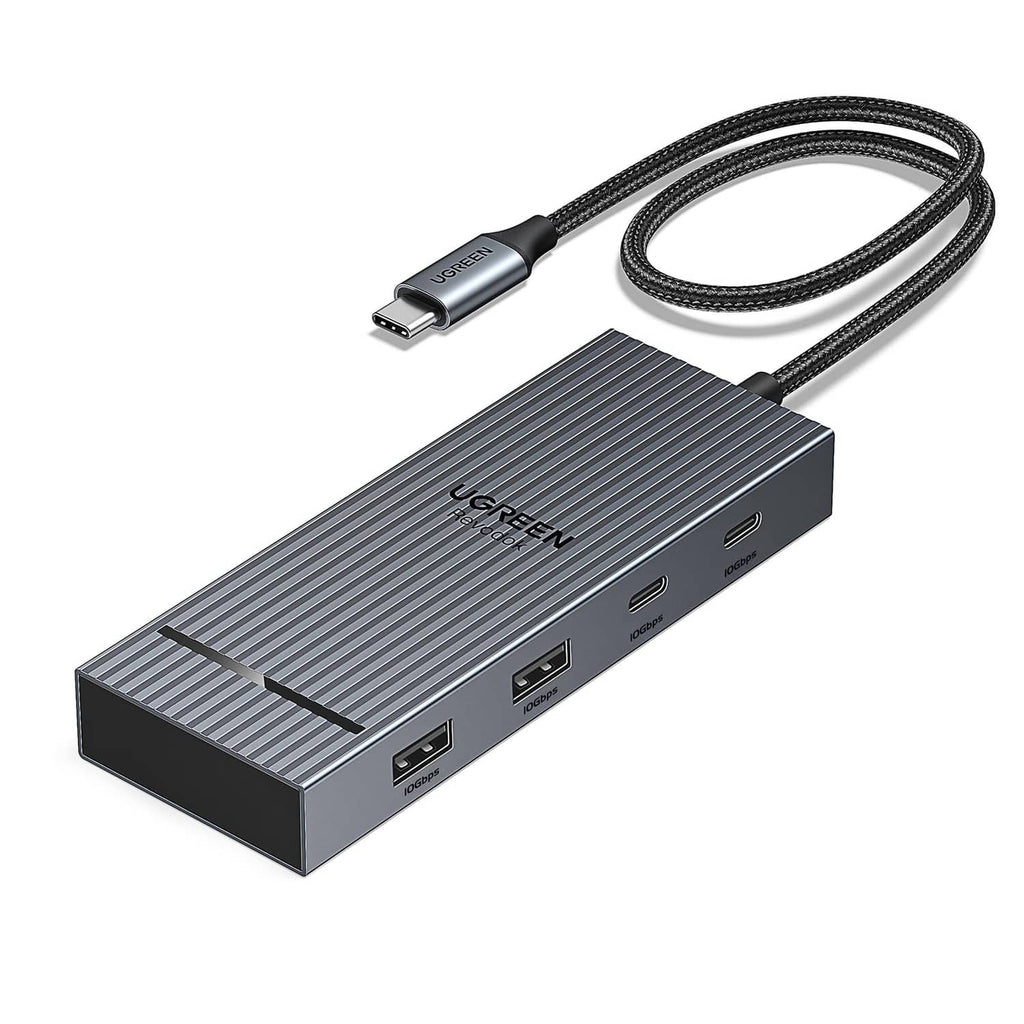 Gray USB-C docking station with attached USB-C cable and front video ports