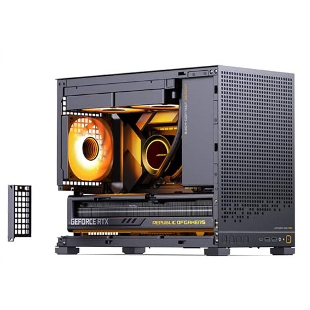 Black mini desktop PC case with open side panel and internal components visible