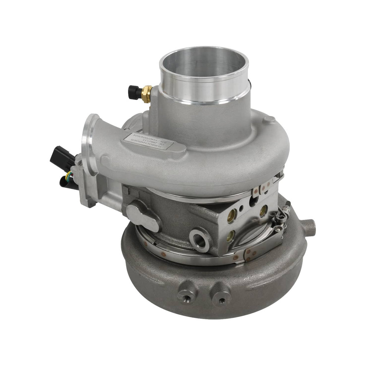 Gray turbocharger unit with solenoid valve and sensor fittings, angled view