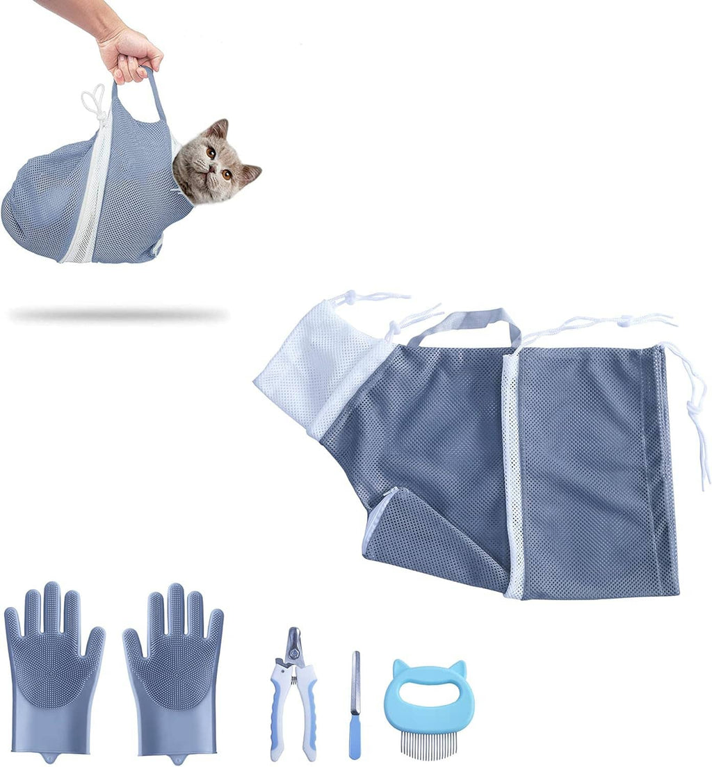Light blue cat bathing mesh bag with zipper and drawstring, plus grooming tool icons