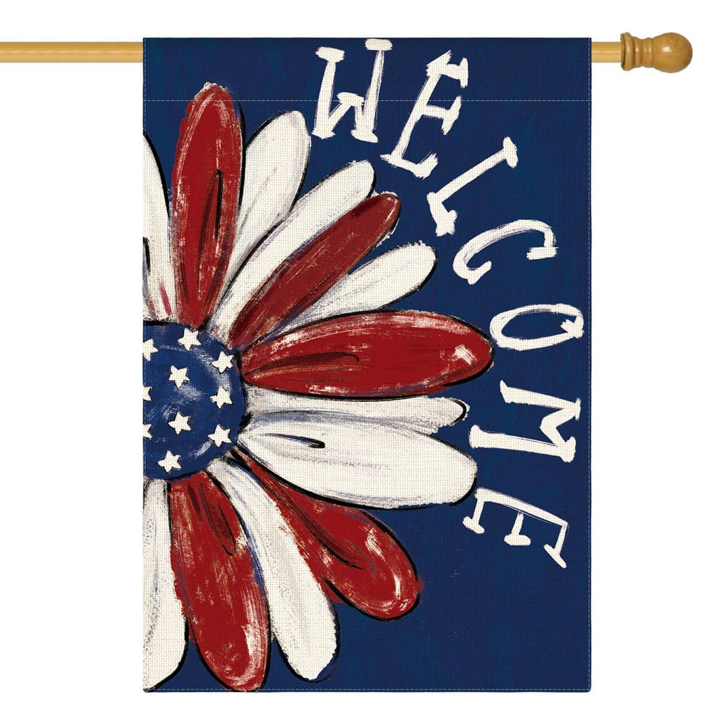Patriotic house flag with red-white-blue flower and "WELCOME" lettering