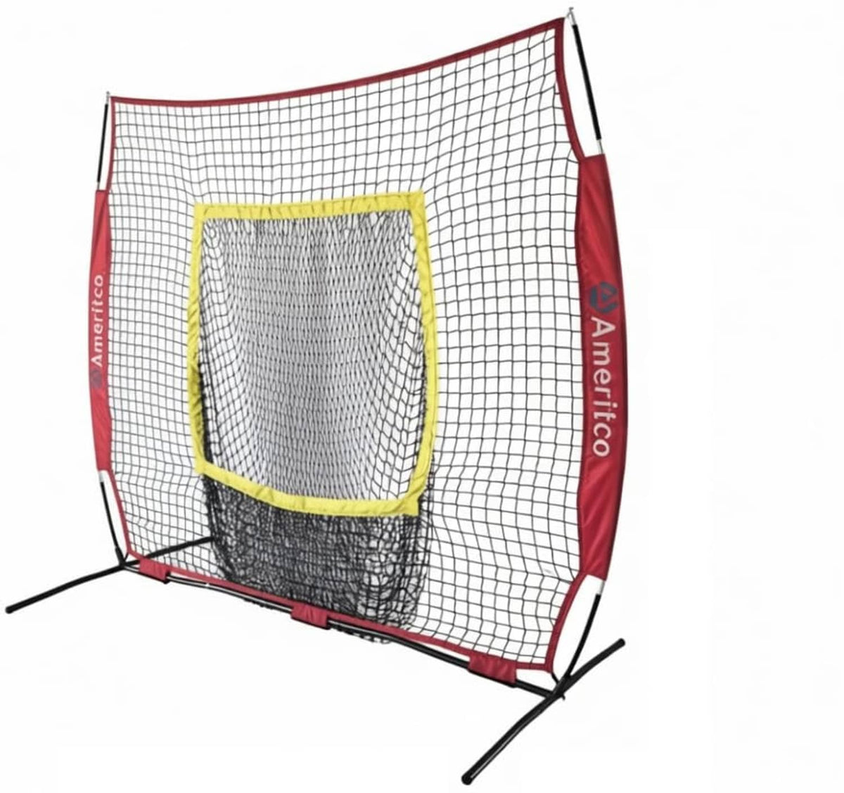 Baseball practice net with square strike zone target, angled view, red frame, white mesh, yellow border