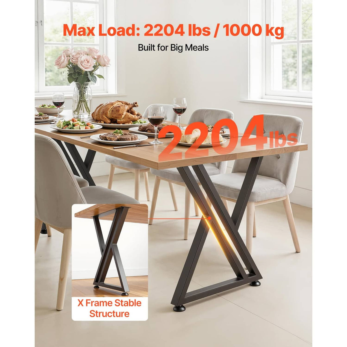 Black steel table legs set supporting a tabletop, X-frame design with rubber feet