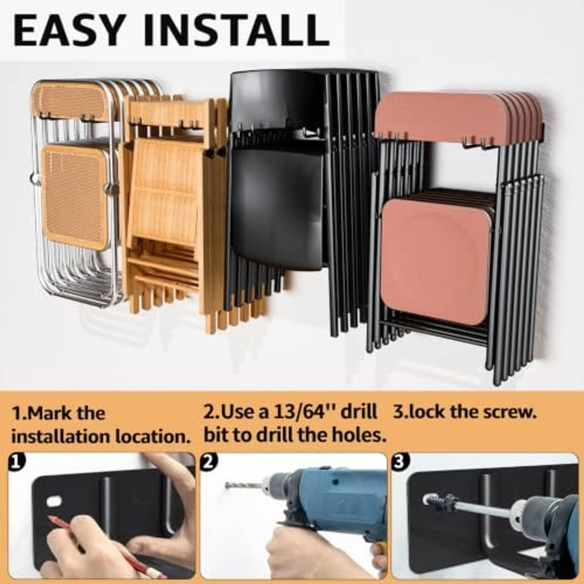 Black folding chair rack with multiple hooks, holding chairs and organizer bin