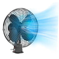 12V cooling fan with blue blades and chrome wire grille on black base