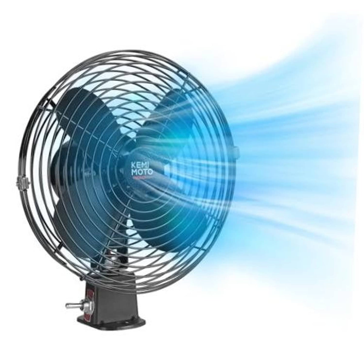 12V cooling fan with blue blades and chrome wire grille on black base