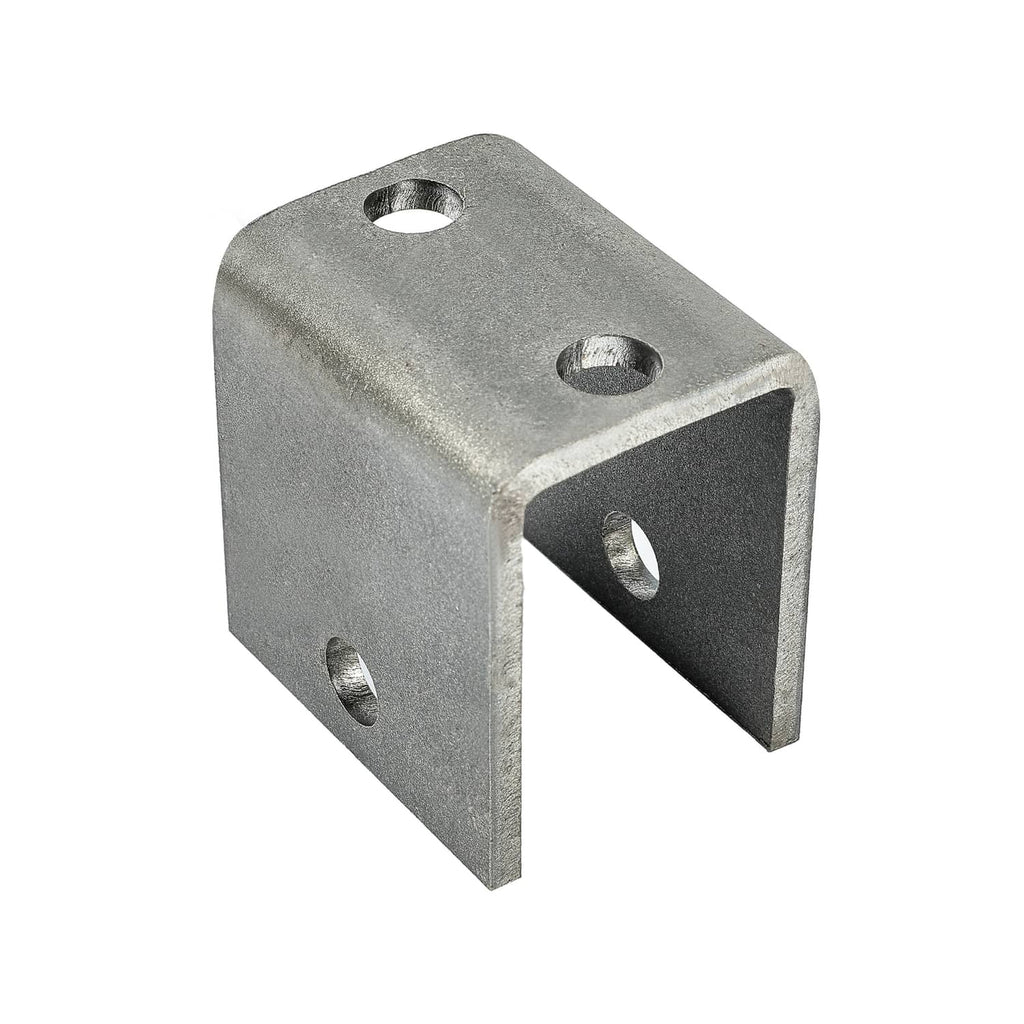 Metal leaf spring hanger bracket, gray with mounting holes and U-cut