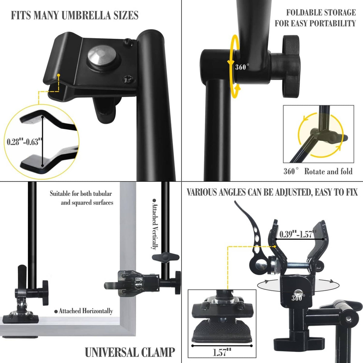 Universal umbrella clamp mechanism for attaching the umbrella to different umbrella sizes.