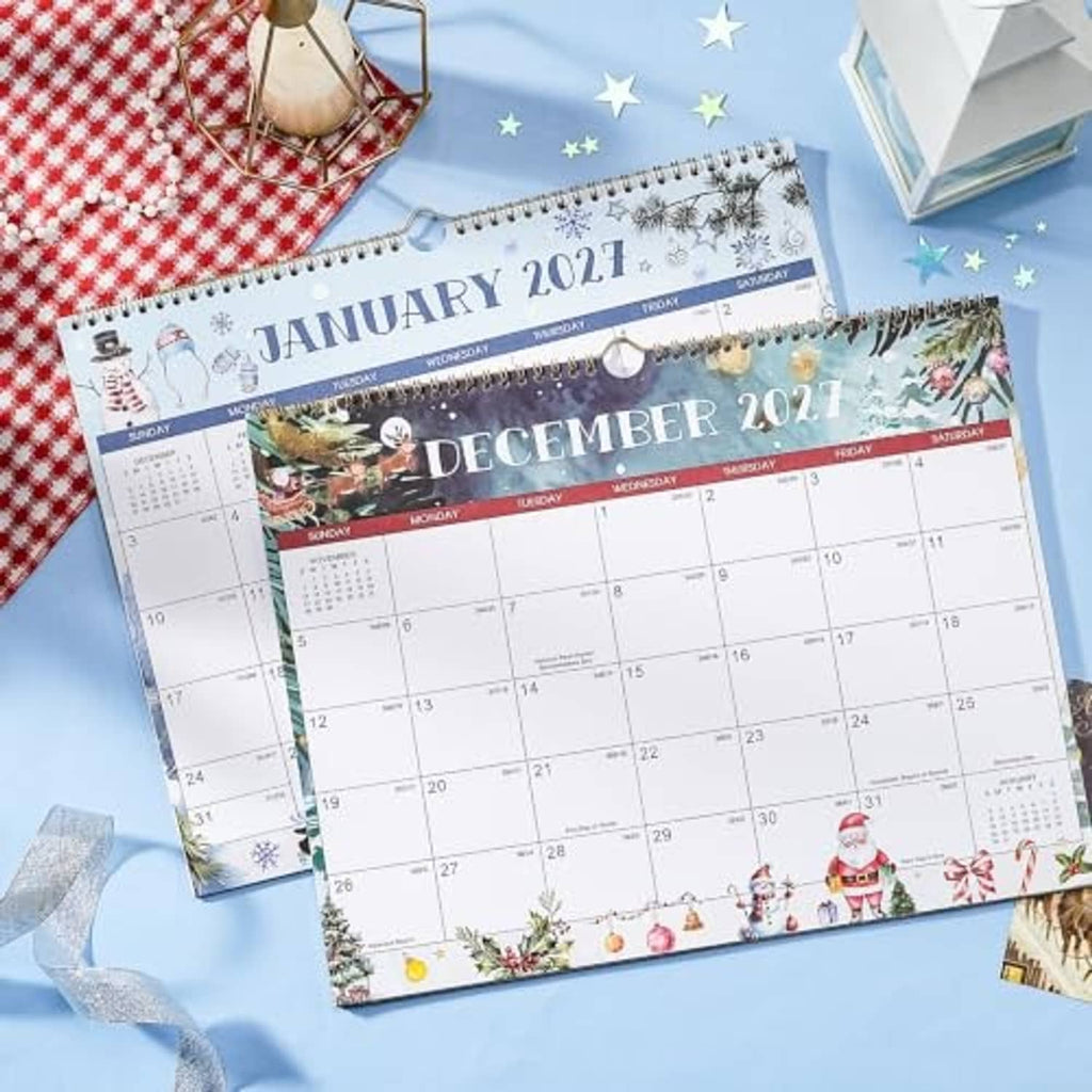 Two festival-themed wall calendars overlapping, showing December 2027 and January 2027 date grids