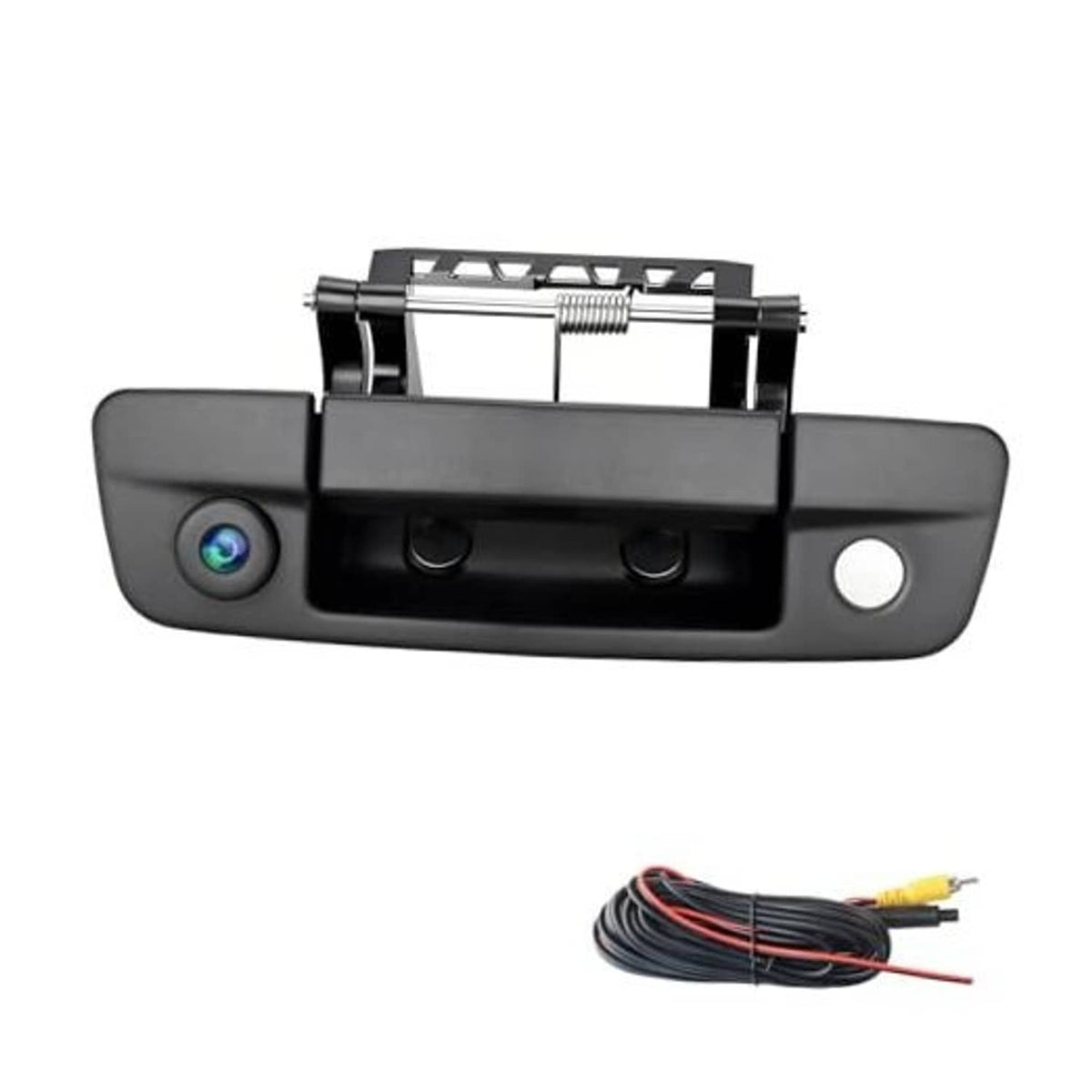 Black tailgate handle backup camera with blue lens and metal mounting frame