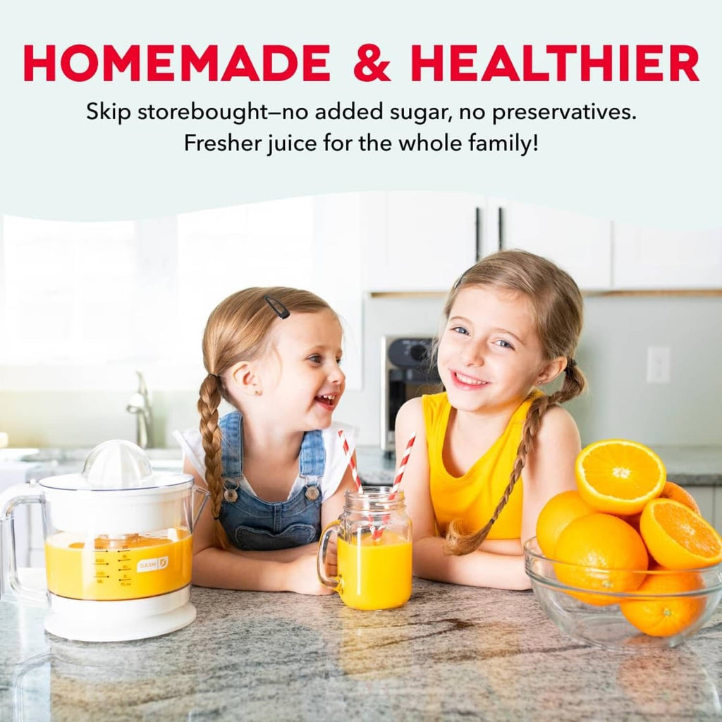 Dual electric citrus juicer machine with clear pitcher filled with yellow juice