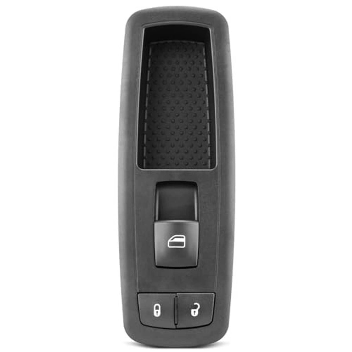 Power window switch with window lock buttons and window icons on dark gray panel