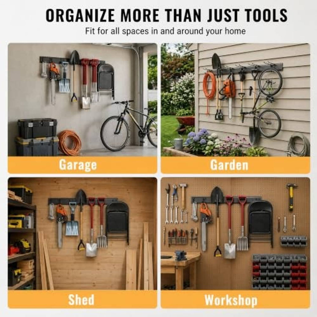 Wall-mounted tool organizer rack with hooks displayed in garage, garden, and workshop
