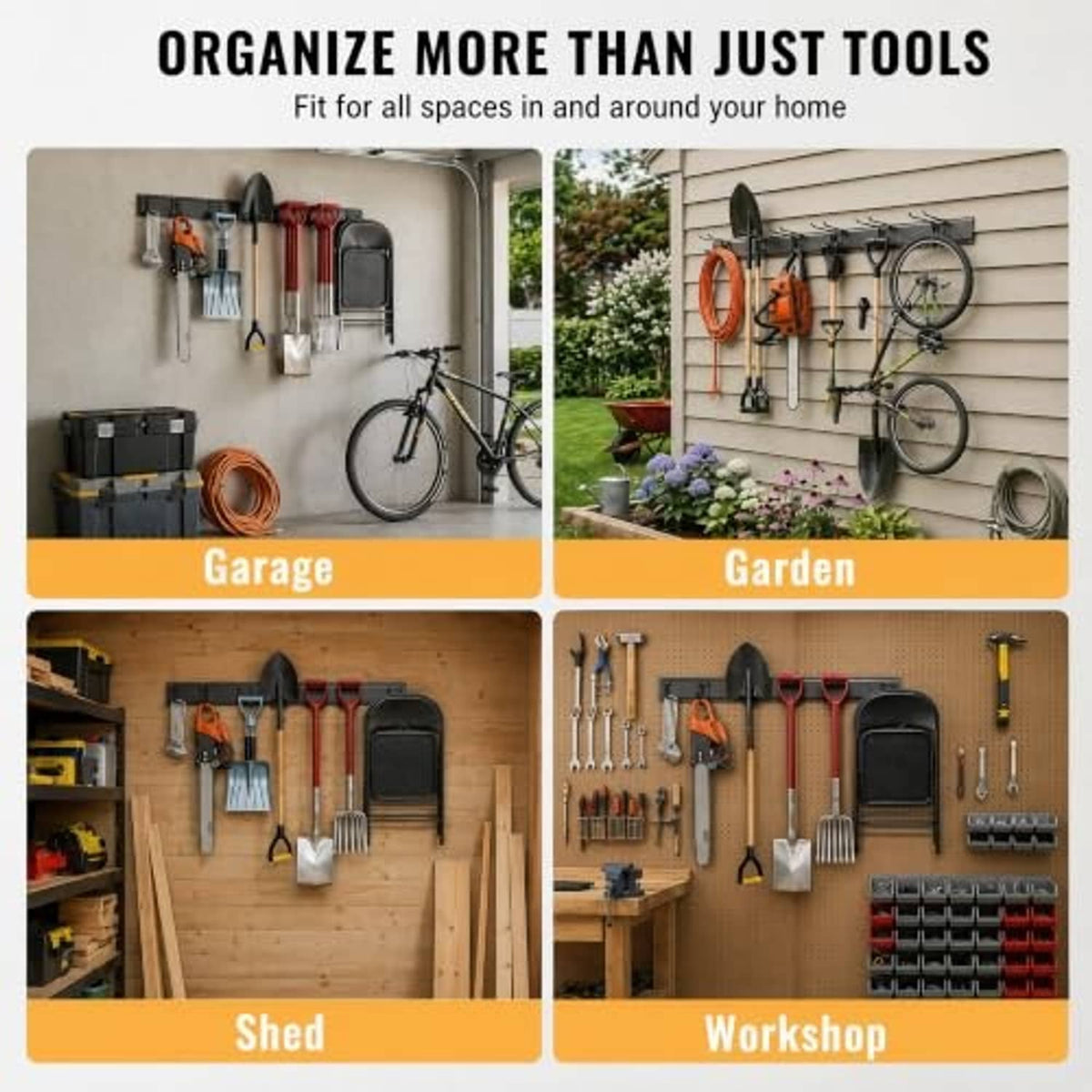 Wall-mounted tool organizer rack with hooks displayed in garage, garden, and workshop