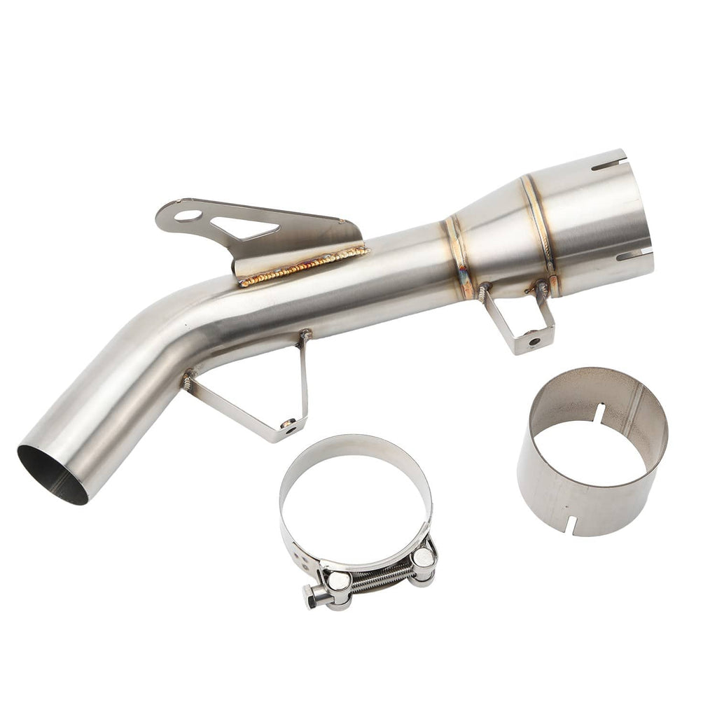Slip-on exhaust mid link pipe with stainless steel tube, mounting bracket, and clamp rings