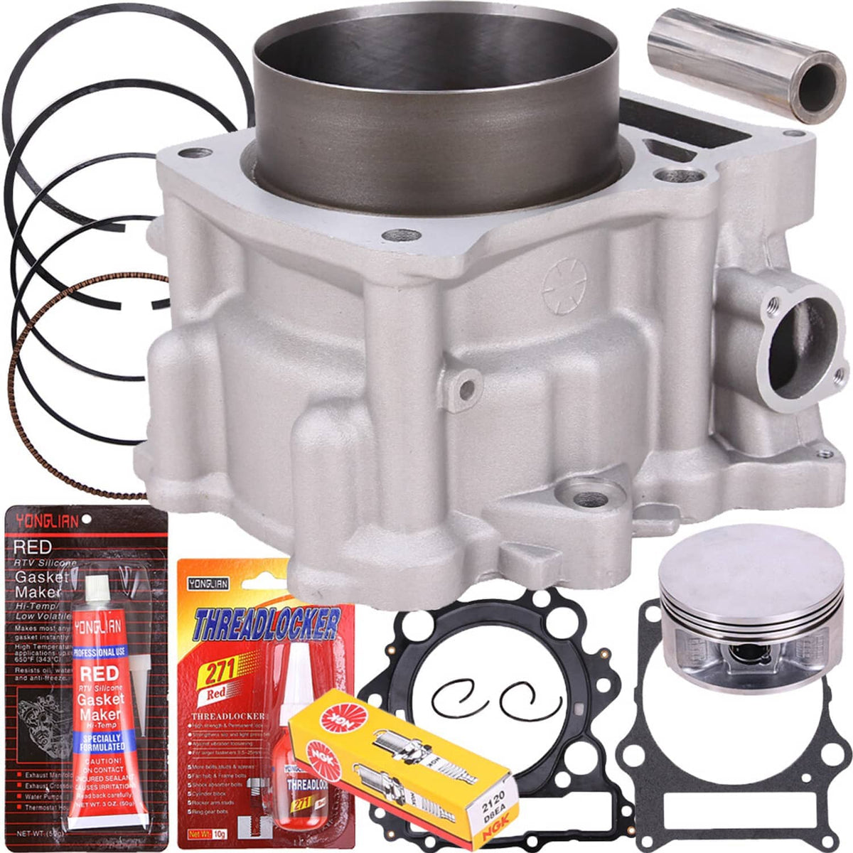 Engine cylinder block with piston, rings, and gasket set components laid out