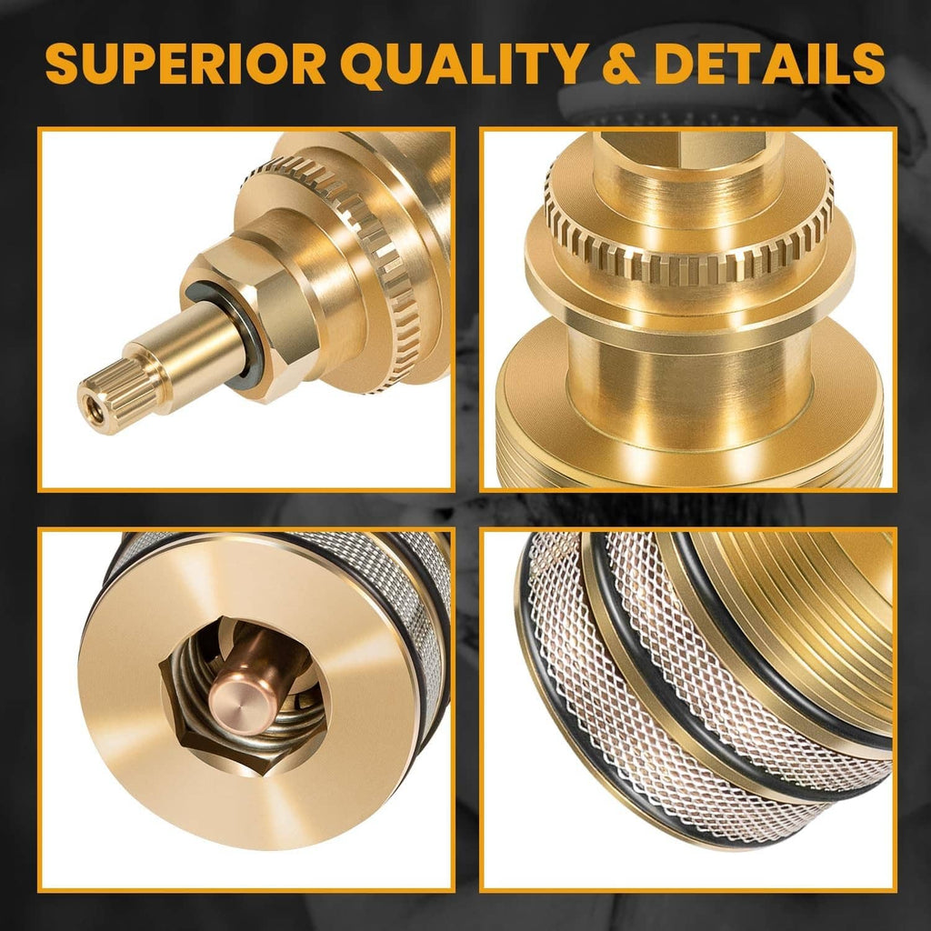Thermostatic valve cartridge brass finish detail view, circular inlet and mesh band