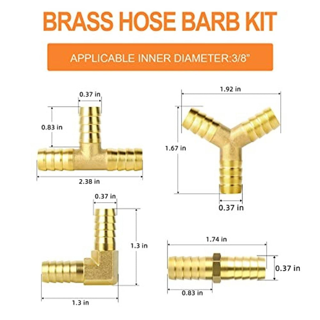 Brass hose barb connector size diagram with labeled dimensions for angled and straight fittings