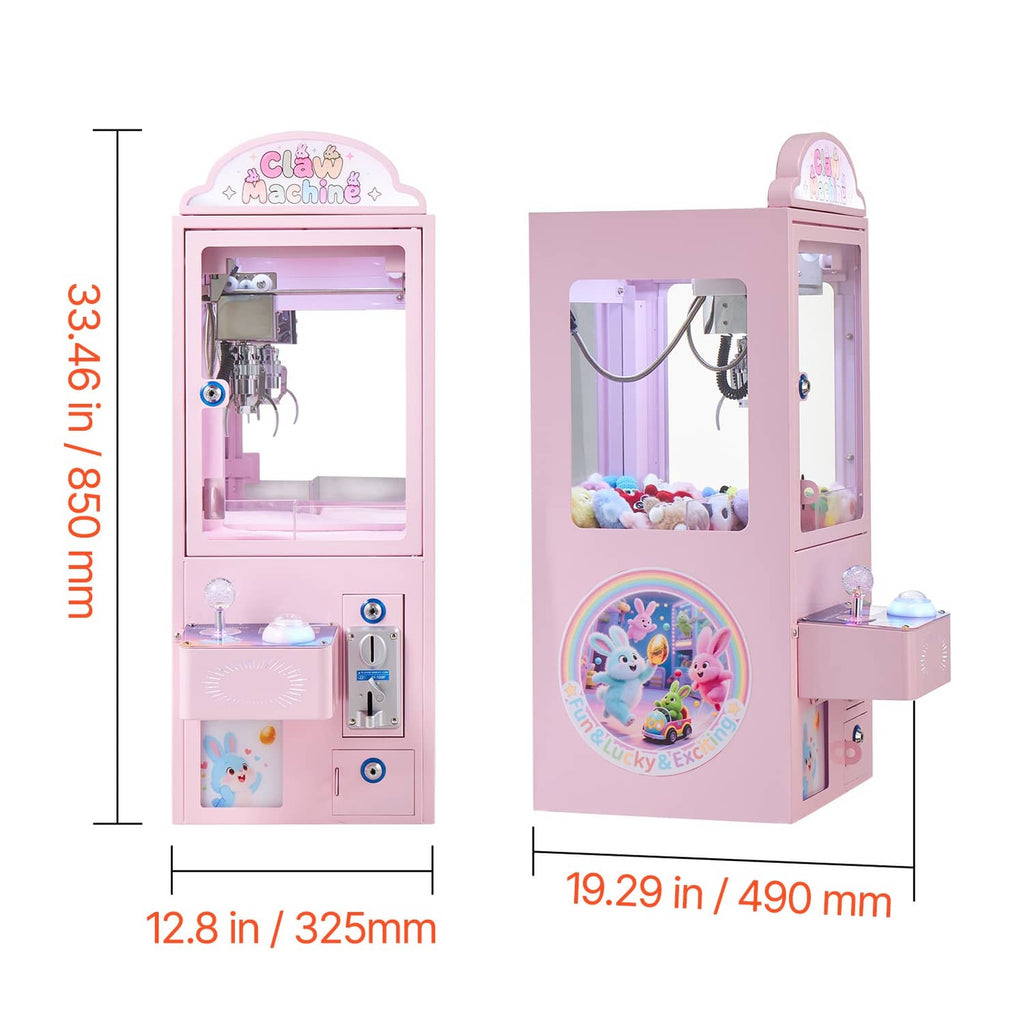 Pink claw crane arcade machine size chart with front and side measurements