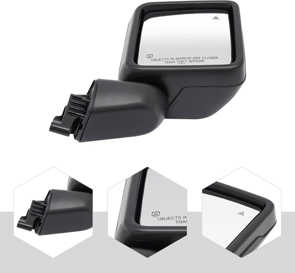 Black side rear view mirror with blind spot warning and left-side mounting detail