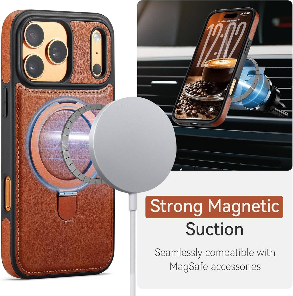 Brown PU leather iPhone 17 Pro case with ring stand on back, camera cutouts
