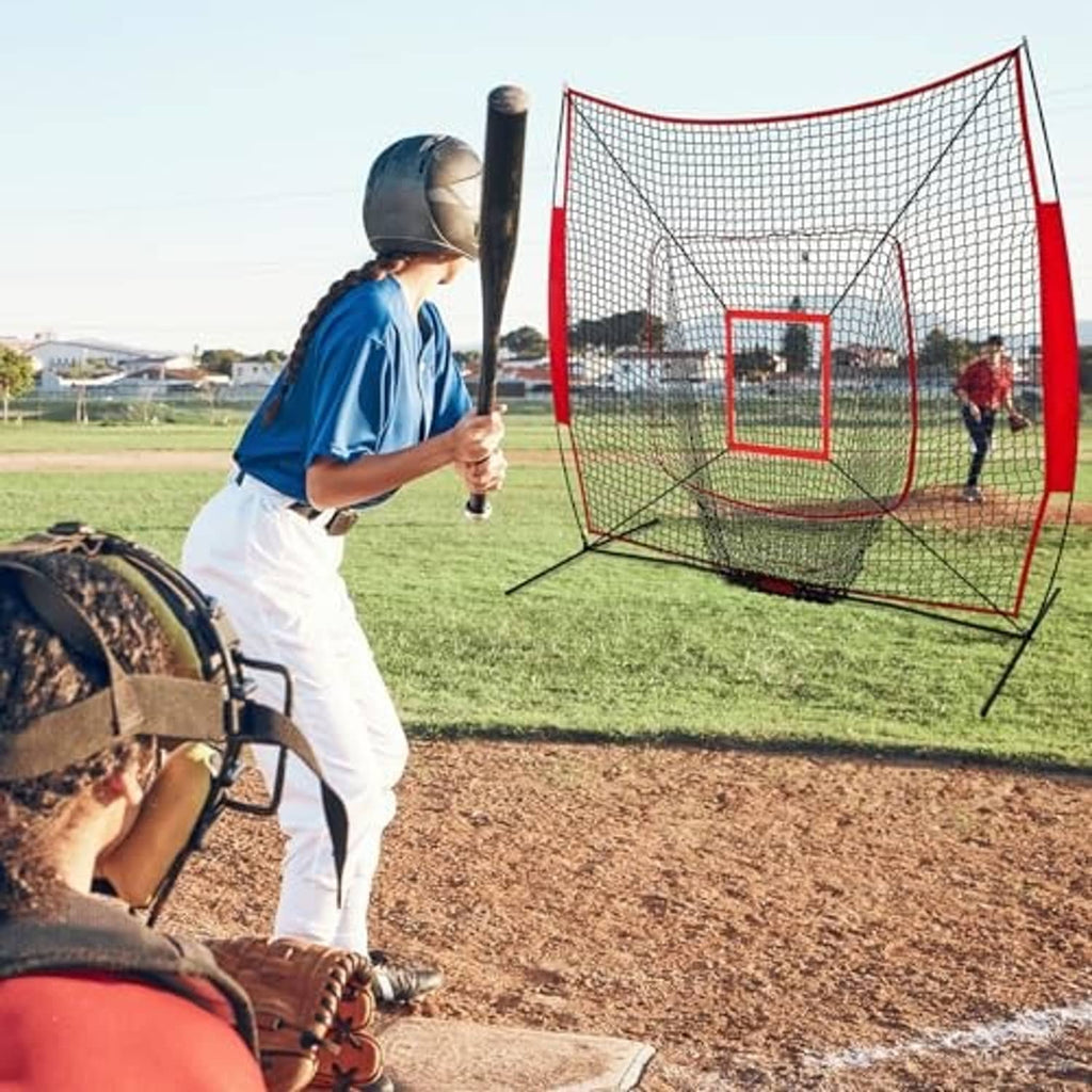Baseball pitching target net with red frame and centered numbered 1-9 grid