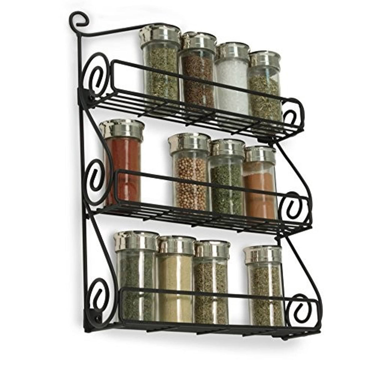 Black wall spice rack with jars on three wire shelves and decorative circular details.