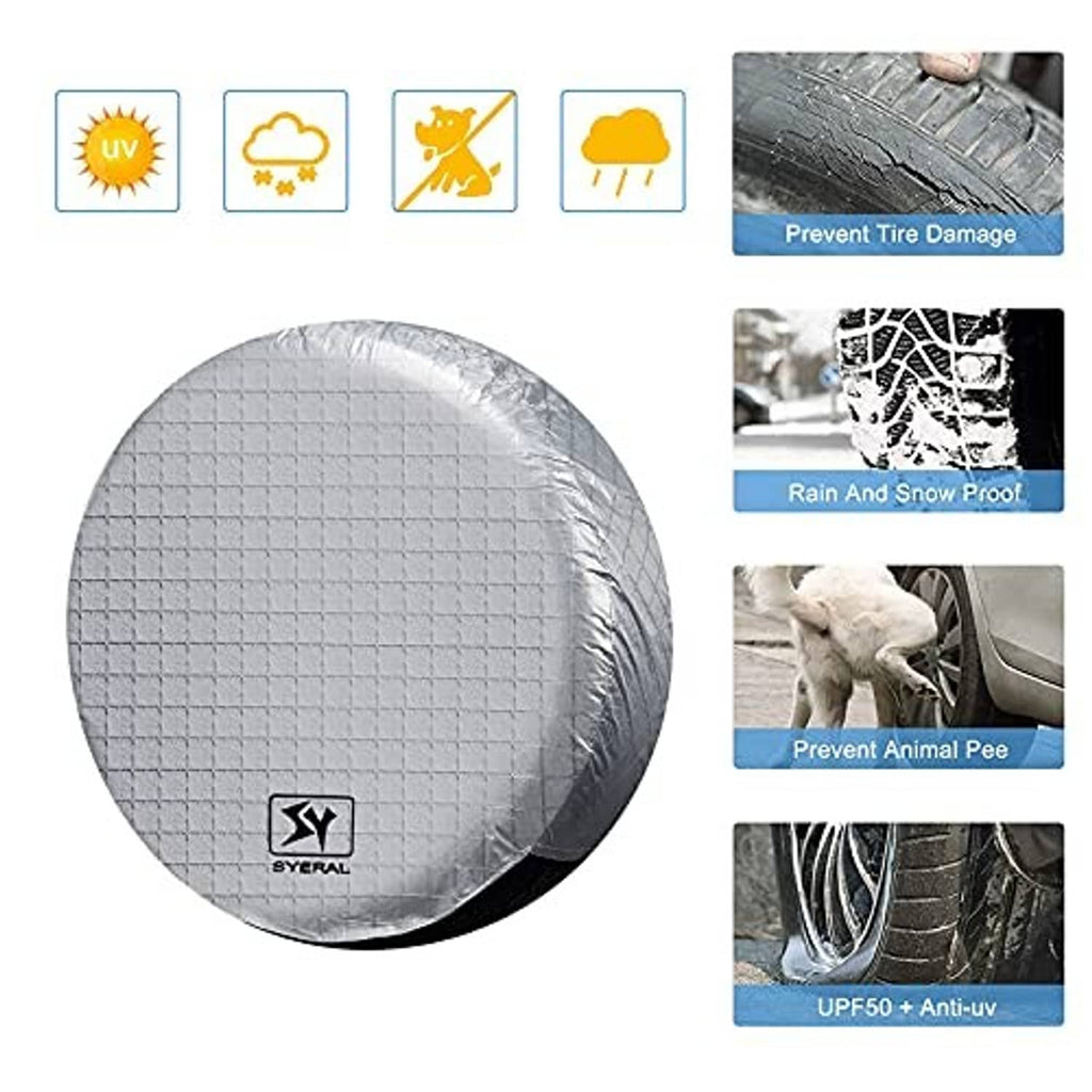 Gray RV tire cover with black-rim opening and Syeral logo on protective cover