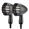 Two black motorcycle LED turn signal lights with ribbed grille and small front lenses