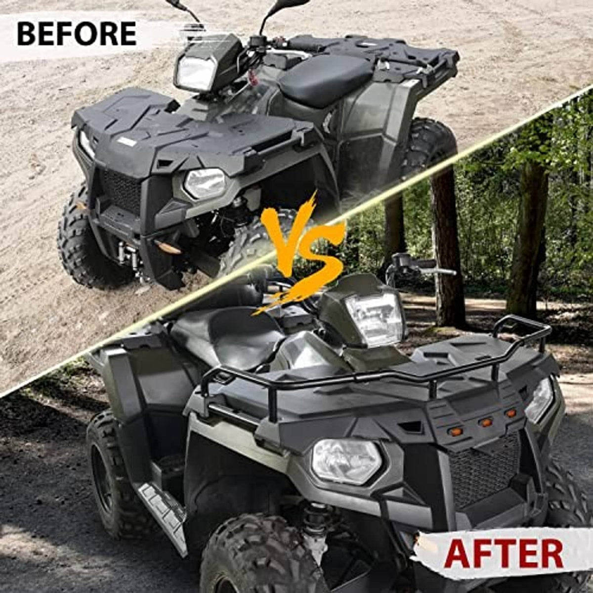 Front rack extender after installation on ATV front, black tubular frame