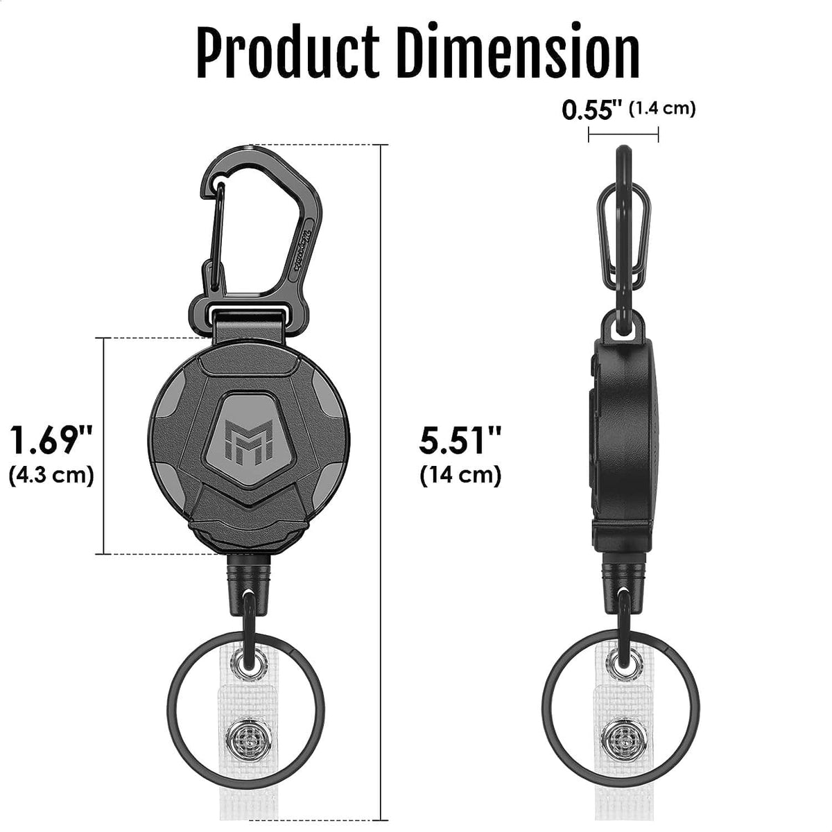 Pair of retractable keychains with black casings and white ID badge keyring tags