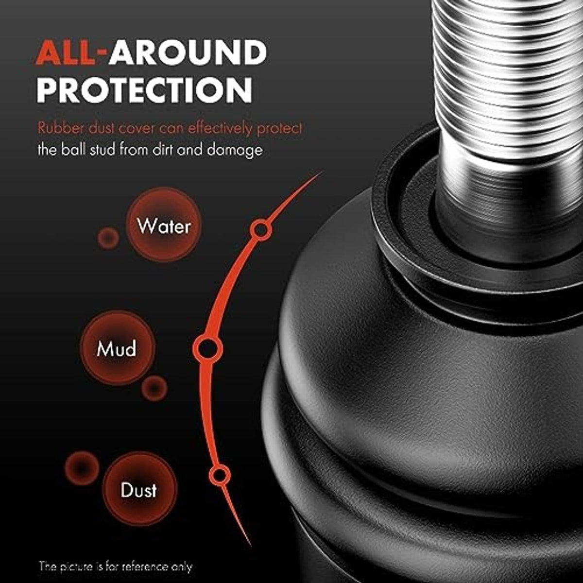 Ball joint dust boot with textured black rubber and shiny metal stud