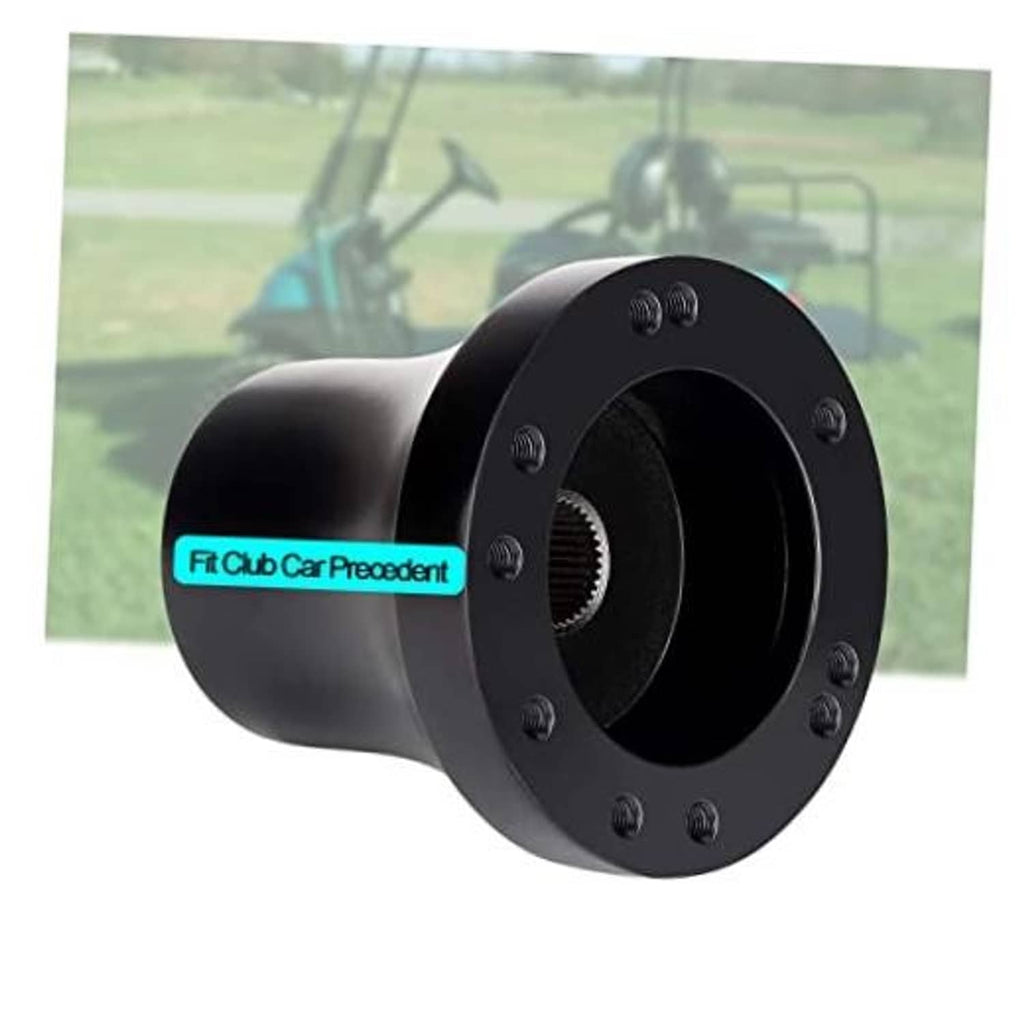 Black golf cart steering wheel adapter hub with bolt holes and central splined opening