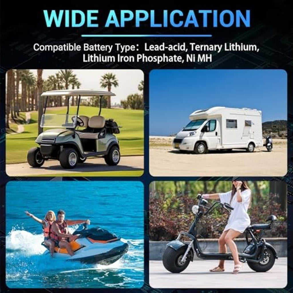 Battery monitor compatibility illustration with vehicles including RV, boat, and e-bike