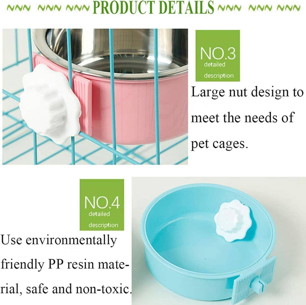 Stainless steel pet bowl in pink and blue cage-safe hanging base with large nut mount